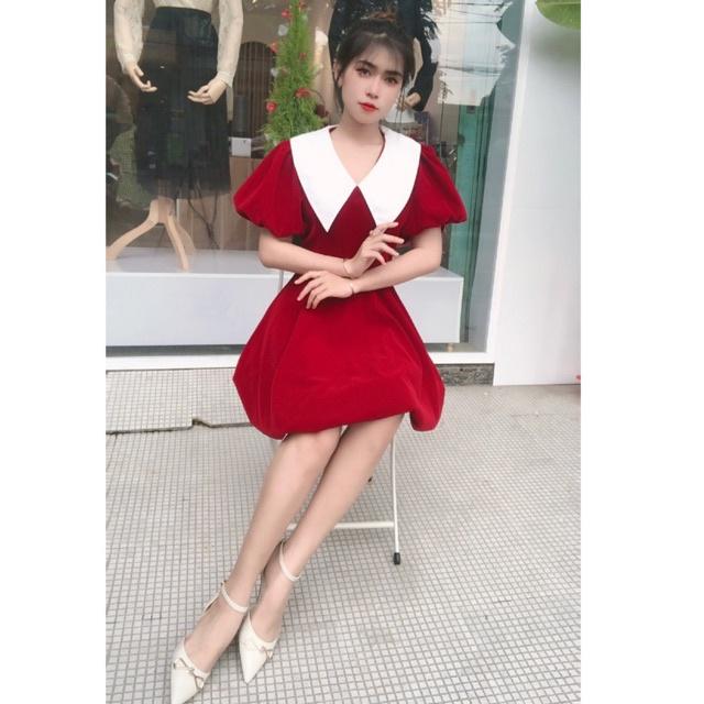 Đầm nhung đỏ cổ trắng tay phồng