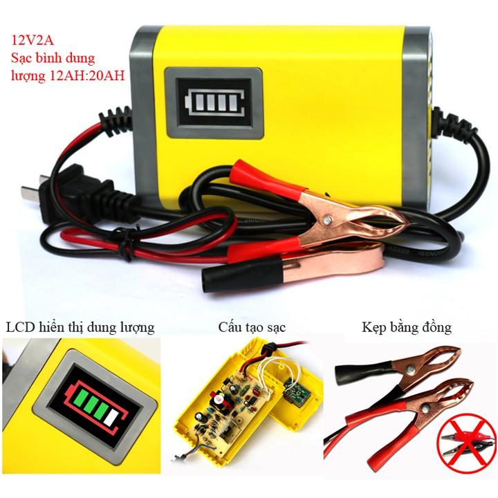Sạc bình ắc quy 12V/2A thông minh tự ngắt khi đầy cho ô tô, xe máy màu vàng có màn hình hiển thị