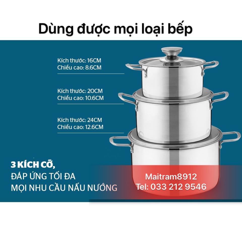 BỘ 3 NỒI INOX 1 ĐÁY SUNHOUSE SH224 - DÙNG ĐƯỢC MỌI LOẠI BẾP, KỂ CẢ BÊP ĐIỆN TỪ.