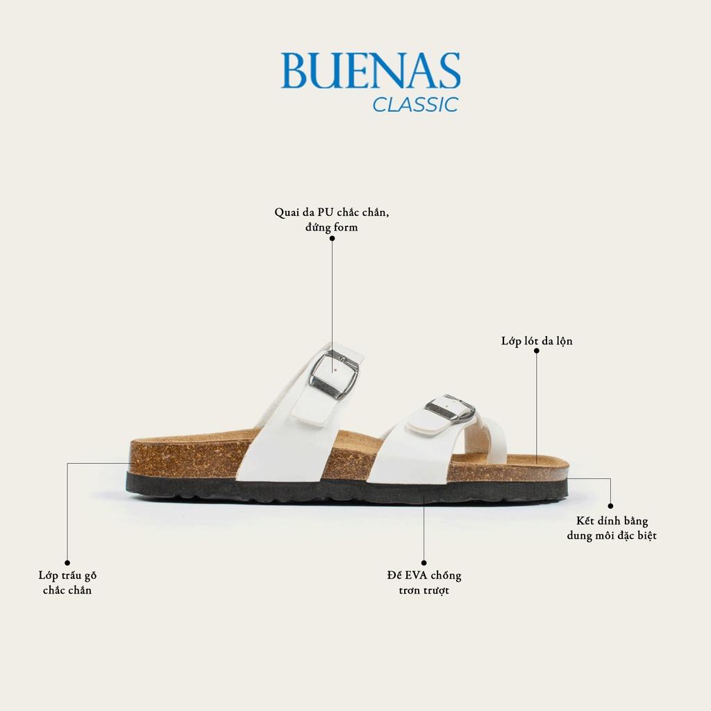 Dép đế trấu nam nữ da bò unisex birken quai chéo Buenas - BU02 trắng