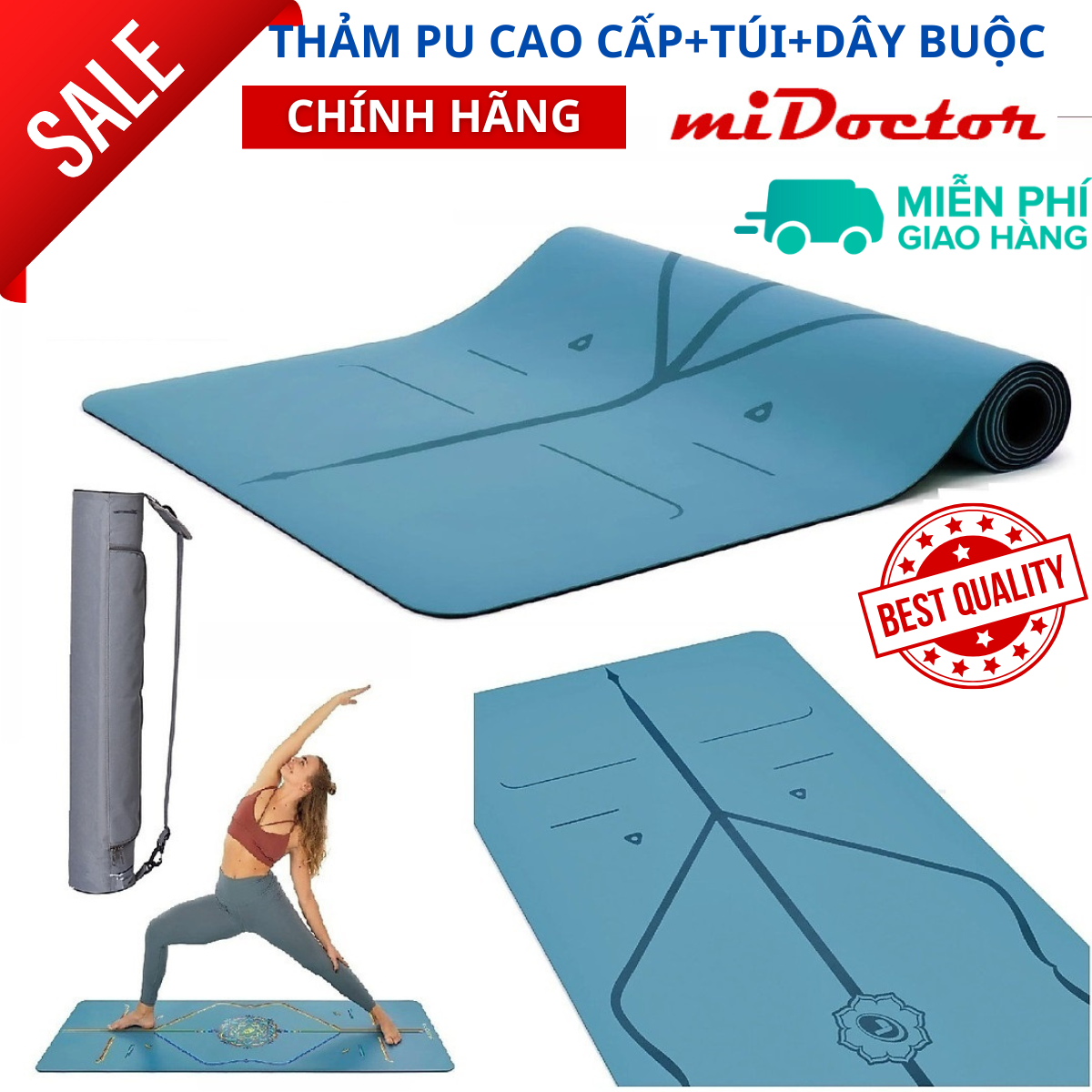 Thảm Tập Yoga Định Tuyến Da Pu Cao Cấp Chính Hãng Midoctor Túi Đựng Thảm Tập Yoga Dây Buộc Thảm Yoga Định Tuyến - Xanh Dương