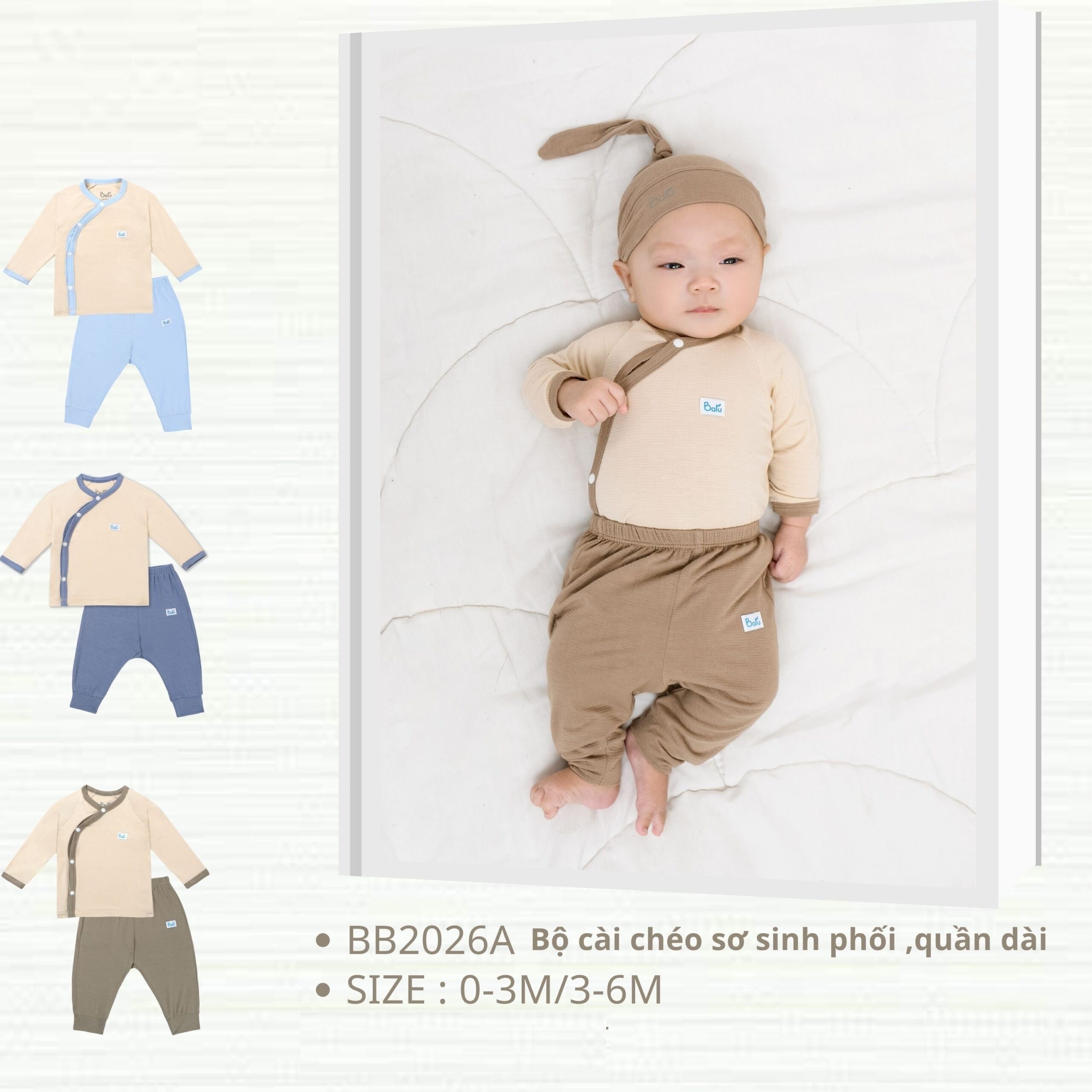 Bộ cài chéo sơ sinh  BARU phối quần dài,hàng thu đông chất đẹp, cotton 100%, bộ cho bé sơ sinh ( 0-6m )