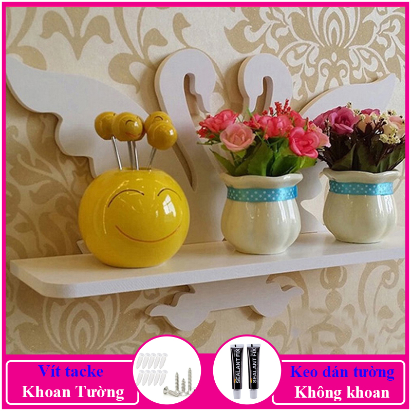 Kệ treo tường trang trí không cần khoan, chất liệu gỗ nhựa cao cấp màu trắng, decor không gian sống - a05