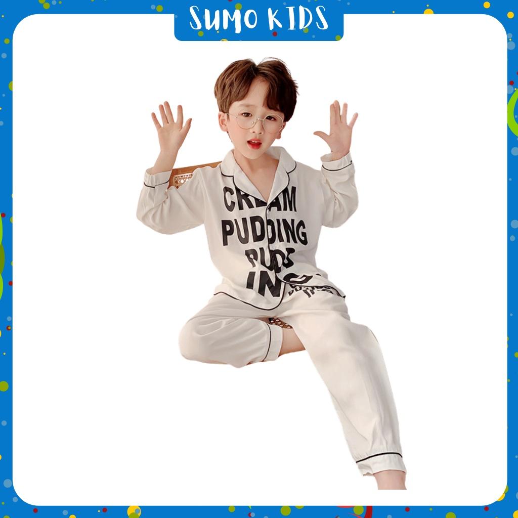 Pijama lụa dài tay in chữ cho bé từ 6-28Kg SUMO KIDS, Bộ đồ ngủ dài tay cho bé trai và bé gái mặc đều xinh