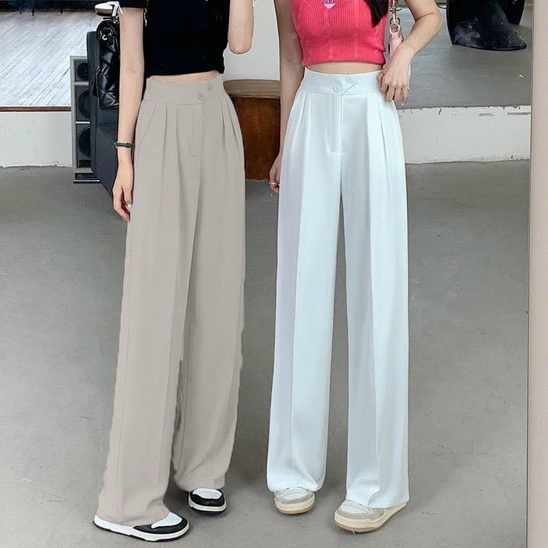 Quần culottes ống rộng suông dài, Quần tây lưng cao 2 cúc xéo chất dày cao cấp