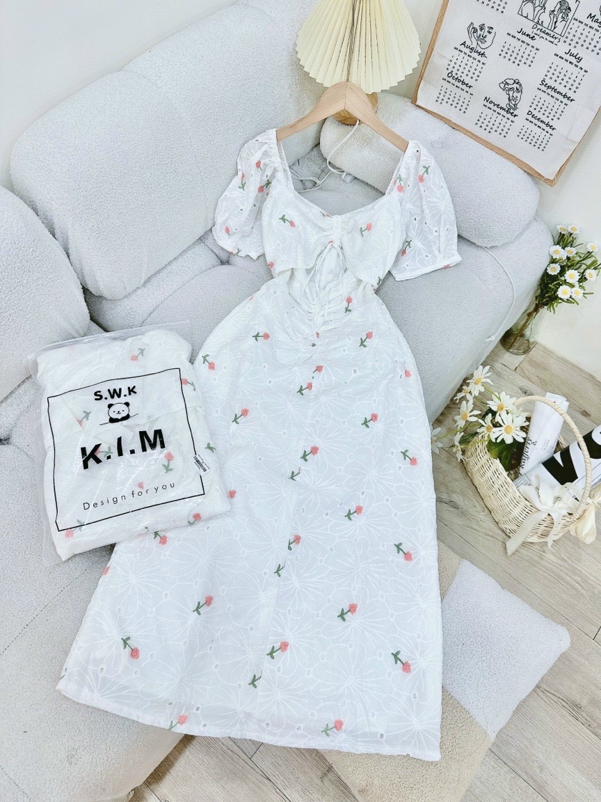 ĐẦN DÀI SUÔNG ÔM BODY CỔ U TRƠN HOA FLORAL DÂY RÚT TAY NGẮN BỒNG MIDI DẠO PHỐ ĐI BIỂN ĐI TIỆC