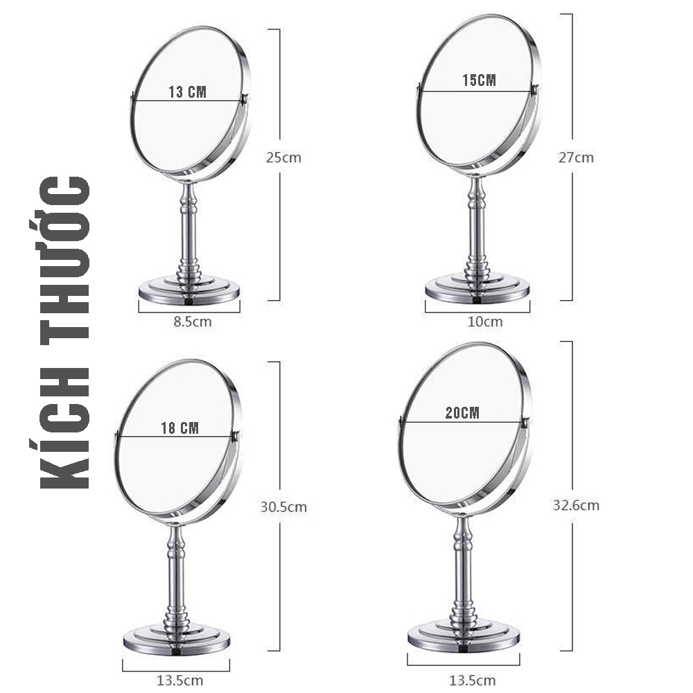 Gương trang điểm phóng đại 3 lần, xoay 360 độ, 2 mặt siêu nét, để bàn, Inox 304, Size 13cm, 15cm, 18cm, 20cm, Dan House 515