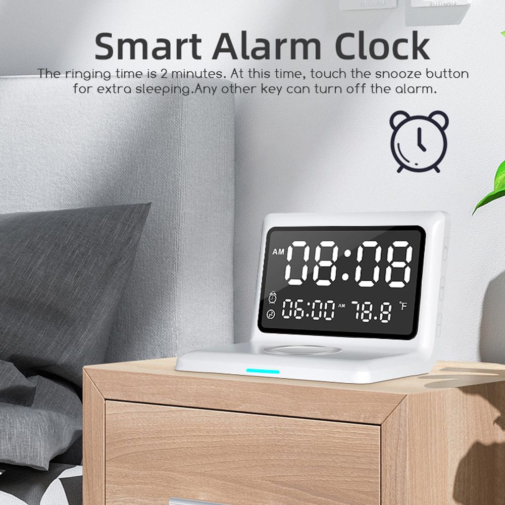Đồng Hồ Báo Thức Sạc Không Dây 15W Với Màn Hình Hiển Thị Có Thể Thay Đổi Độ Sáng Lớn
