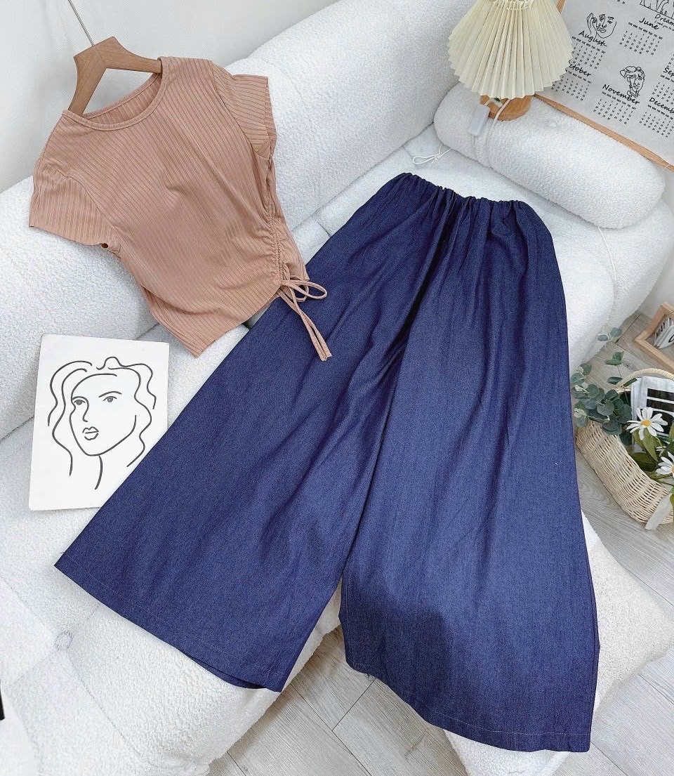 SET ÁO CROPTOP THUN DÂY RÚT TAY NGẮN + QUẦN DÀI ỐNG RỘNG LƯNG CAO SUÔNG TRƠN JEANS DẠO PHỐ ĐI CHƠI ĐI BIỂN ĐI TIỆC