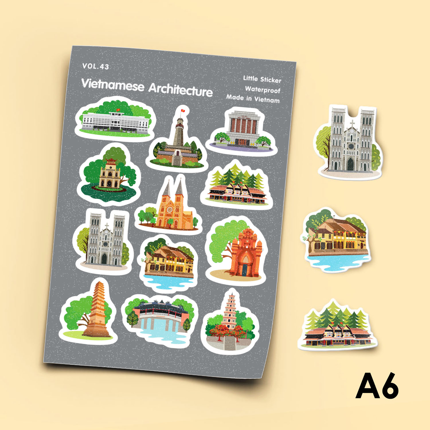 Vol.43 Vietnamese Architecture Little Sticker Sheet A6 hình dán cán màn cao cấp Sticker Factory