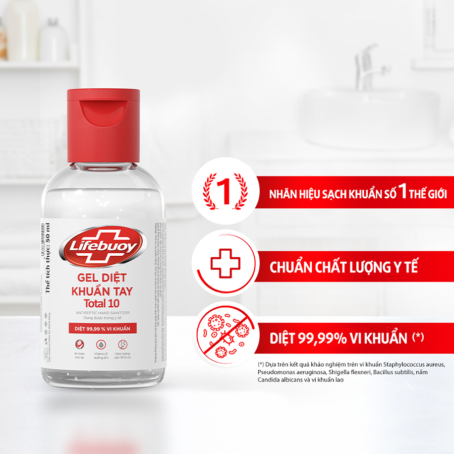 Gel rửa tay khô Lifebuoy 50ml Total 10 diệt sạch nhanh 99.9% vi khuẩn an toàn cho da với vitamin E chuẩn chất lượng y tế