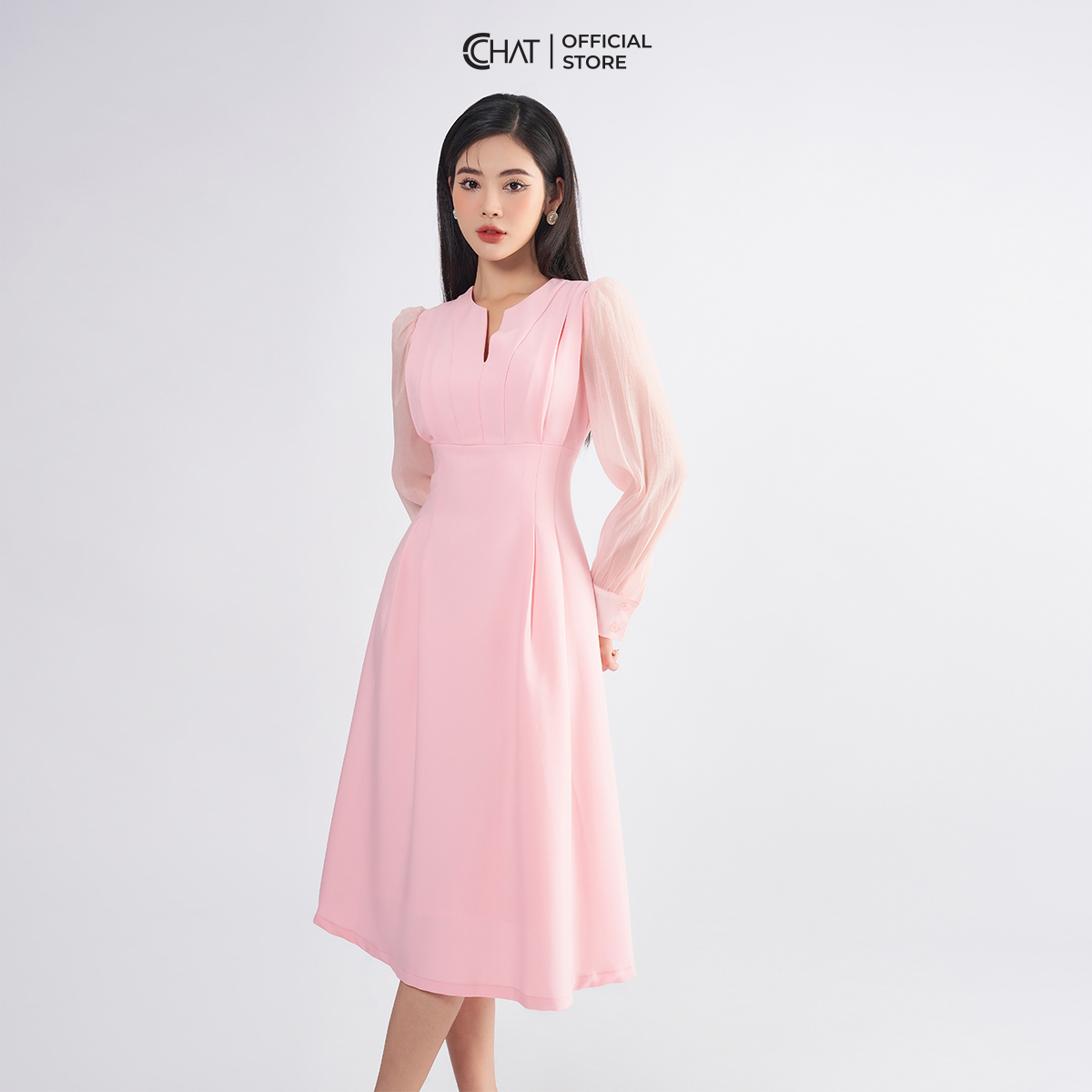 Đầm Nữ Cổ V Ly Chiết Xếp Chặn Dáng Xòe Chất Tuytsi Mềm Mịn 22VDS8027XT