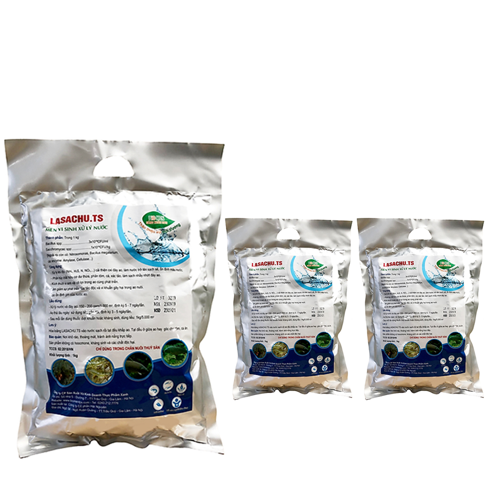 Combo 3 gói Men vi sinh xử lý nước ao hồ Cá Tôm - LASACHU. Làm trong nước, sạch nhớt đáy. Khử mùi hôi, chặn khí độc . Ức chế vi khuẩn gây hại. HSD: 2 năm