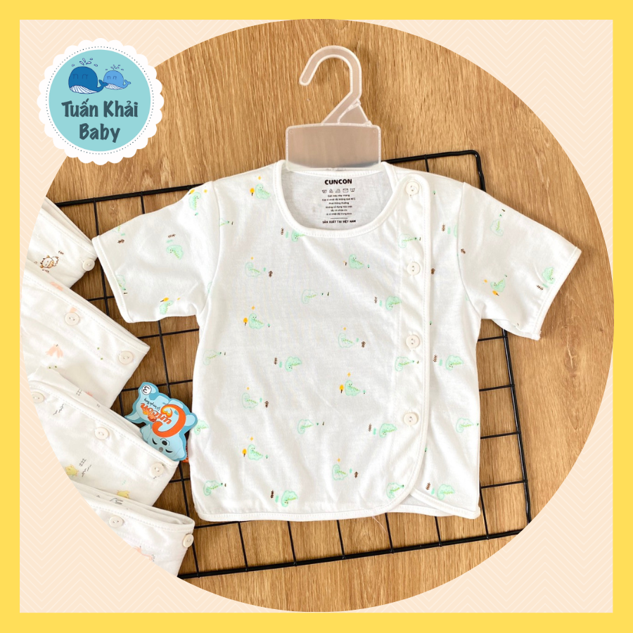 Áo sơ sinh (1 áo) cotton cao cấp CUNCON | Mẫu Tay Ngắn Họa Tiết Cài Lệch | Size 1,2,3 cho bé sơ sinh - 9kg