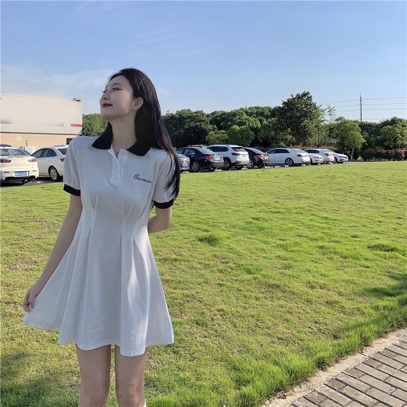 Đầm Polo Ôm Body Nữ Triết Eo Thêu Chữ, Váy Nữ Polo Dáng Xòe Cộc Tay Có Cổ Phối Ngắn