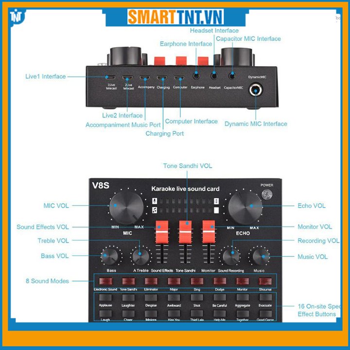 Sound card âm thanh V8S có bluetooth cùng pin sạc - hát thu âm, livestream và karaoke new