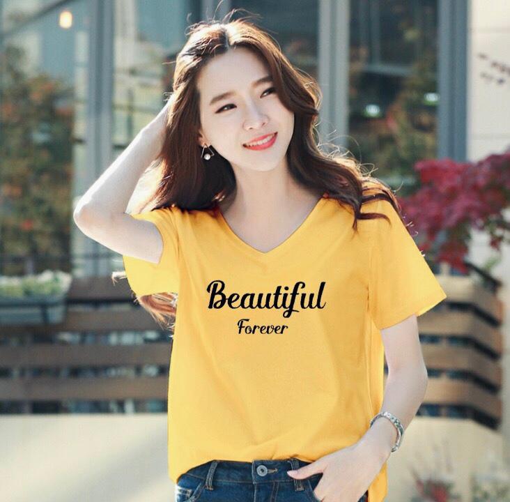 Áo thun nữ cổ tim form rộng MXM in chữ Beautiful thun cotton 4 chiều từ 45-60kg
