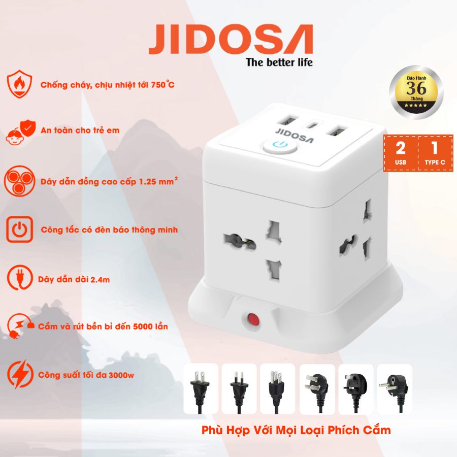 Ổ Cắm Điện JIDOSA Tích Hợp Ổ USB Và Type C Hình Tháp Đa Năng Công suất 3000w Thiết Kế Thông Minh