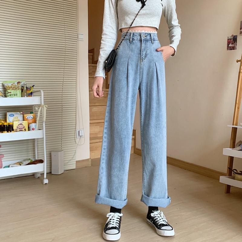 Quần jeans ống suông rộng viền ren cạp cao xanh nhạt