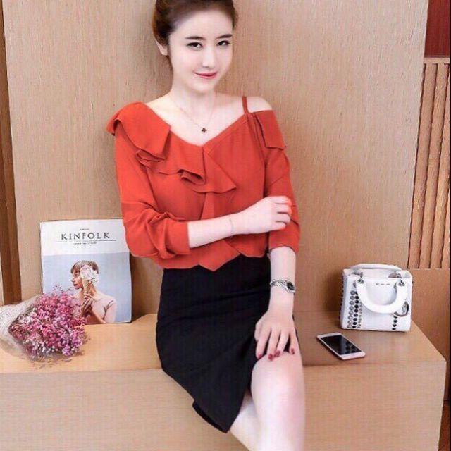 Sét áo tay đai cổ bèo 1 dây phối chân váy xẻ