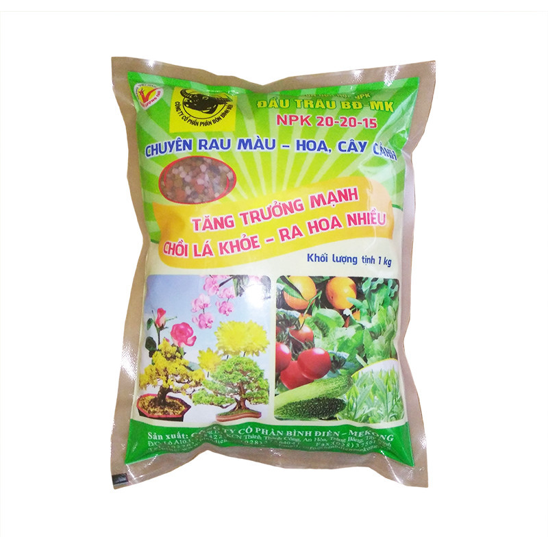 Phân bón cho hoa kiểng- rau màu - cây ăn trái NPK 20-20-15 (3 màu, gói 1kg) - Đầu Trâu