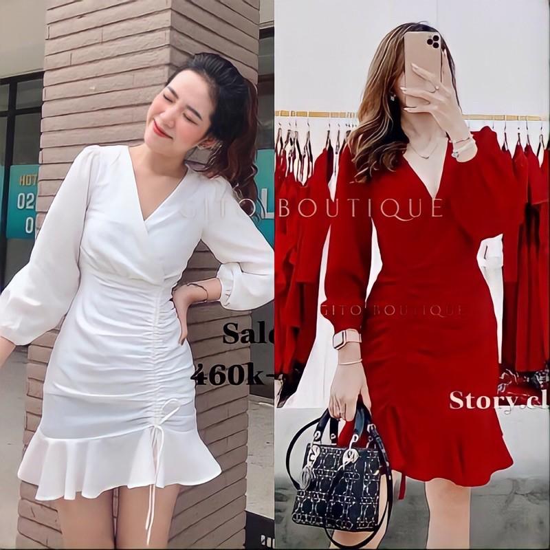 ĐẦM DÁNG XOÈ CỔ TIM ĐUÔI CÁ - VÁY TRẮNG ĐỎ - GD145