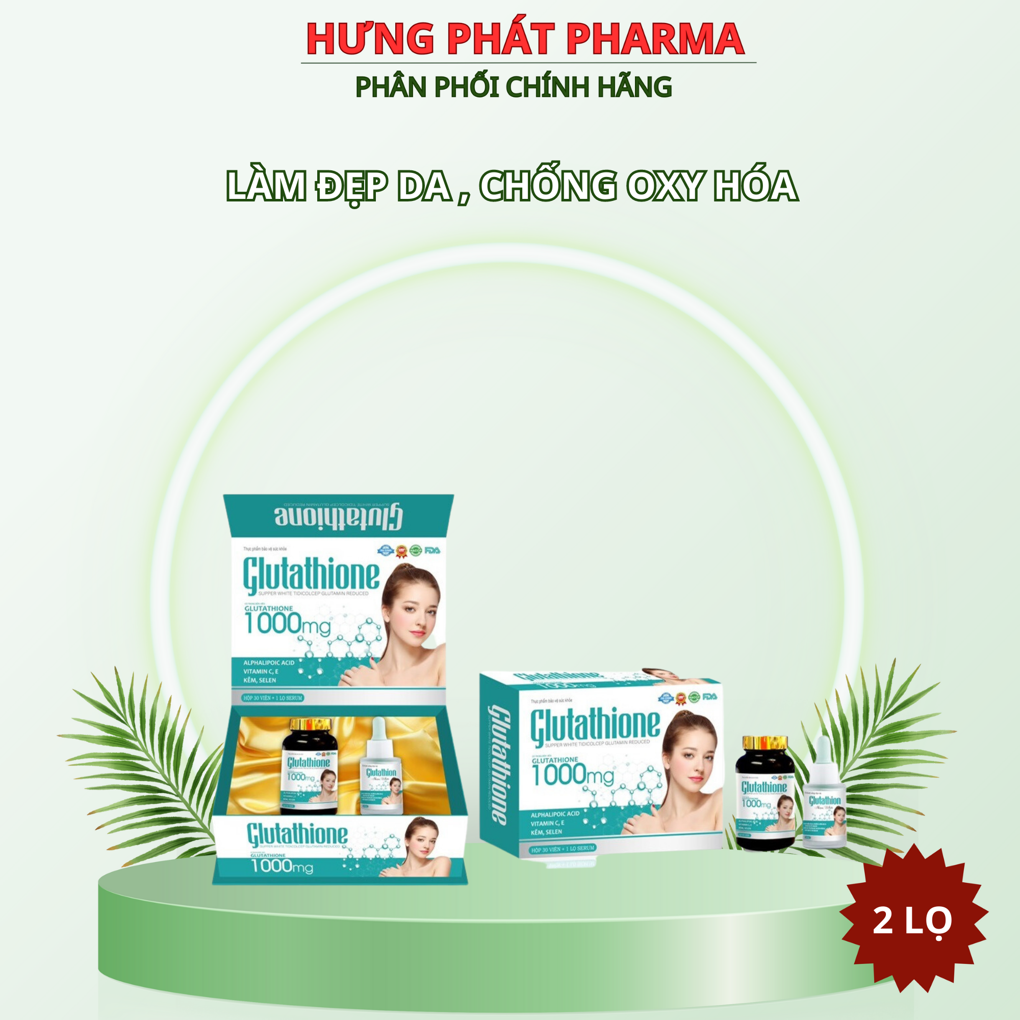 Viên uống đẹp da GLUTATHIONE 1000mg chống oxy hoá, tăng cường sức đề kháng – Hộp 30 viên + 1 lọ Serum