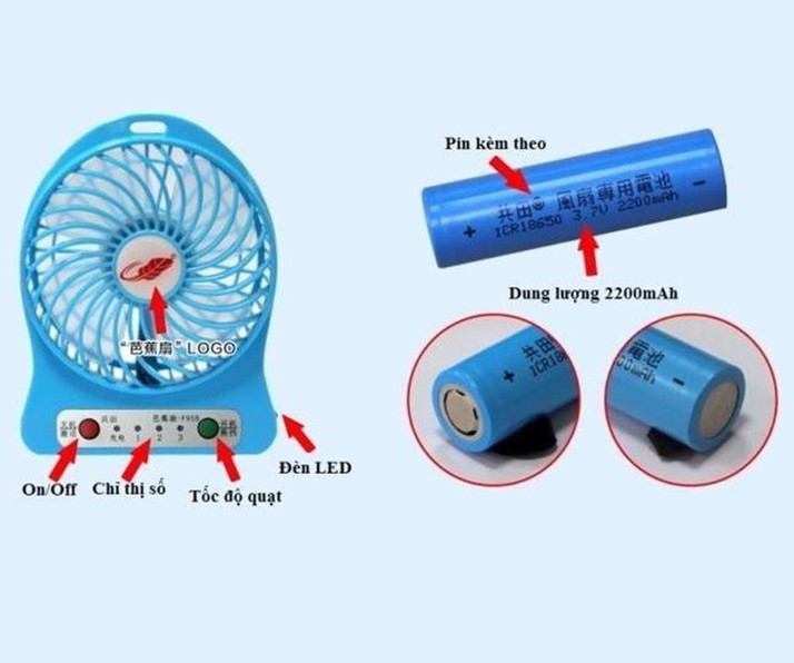 Combo Quạt Mini Tốc Độ Pin Sạc + Tặng Kèm Pin Cáp Sạc Và Cốc Sạc