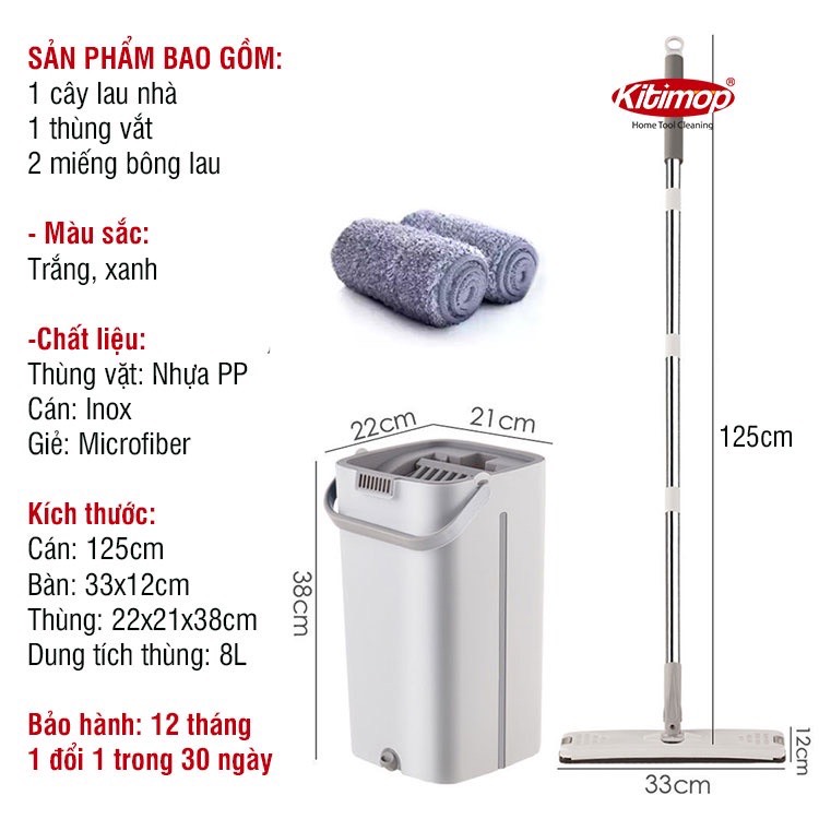 Bộ Cây Lau Nhà KITIMOP C6 PLUS-PRO - Thùng Lau Nhà Tự Vắt Thông Minh, Chổi Lau Nhà Xoay 360 Độ, Lau Sàn Làm Sạch