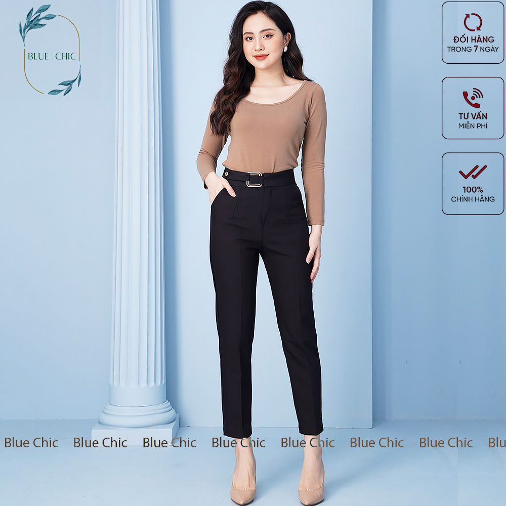 Quần baggy nữ Blue Chic đẹp chất vải cao cấp baggy công sở đai khuyên ô vuông vàng phong cách cá tính màu đen nâu