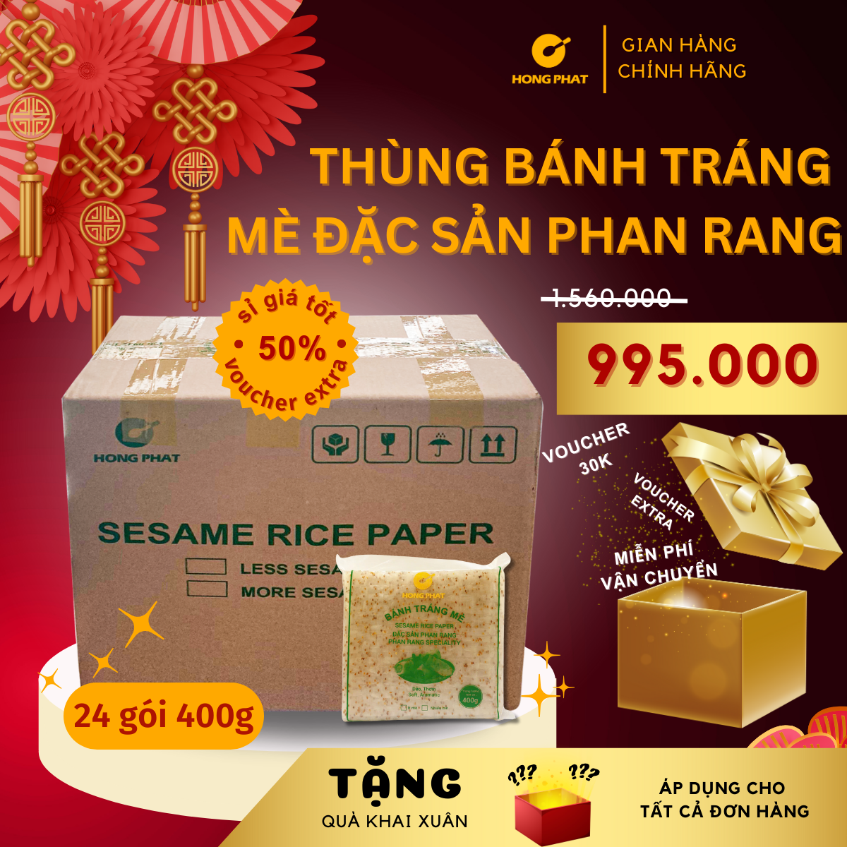 Thùng bánh tráng cuốn 400g/gói (Bánh tráng mè Hồng Phát, bánh tráng cuốn mè đặc sản Phan Rang)