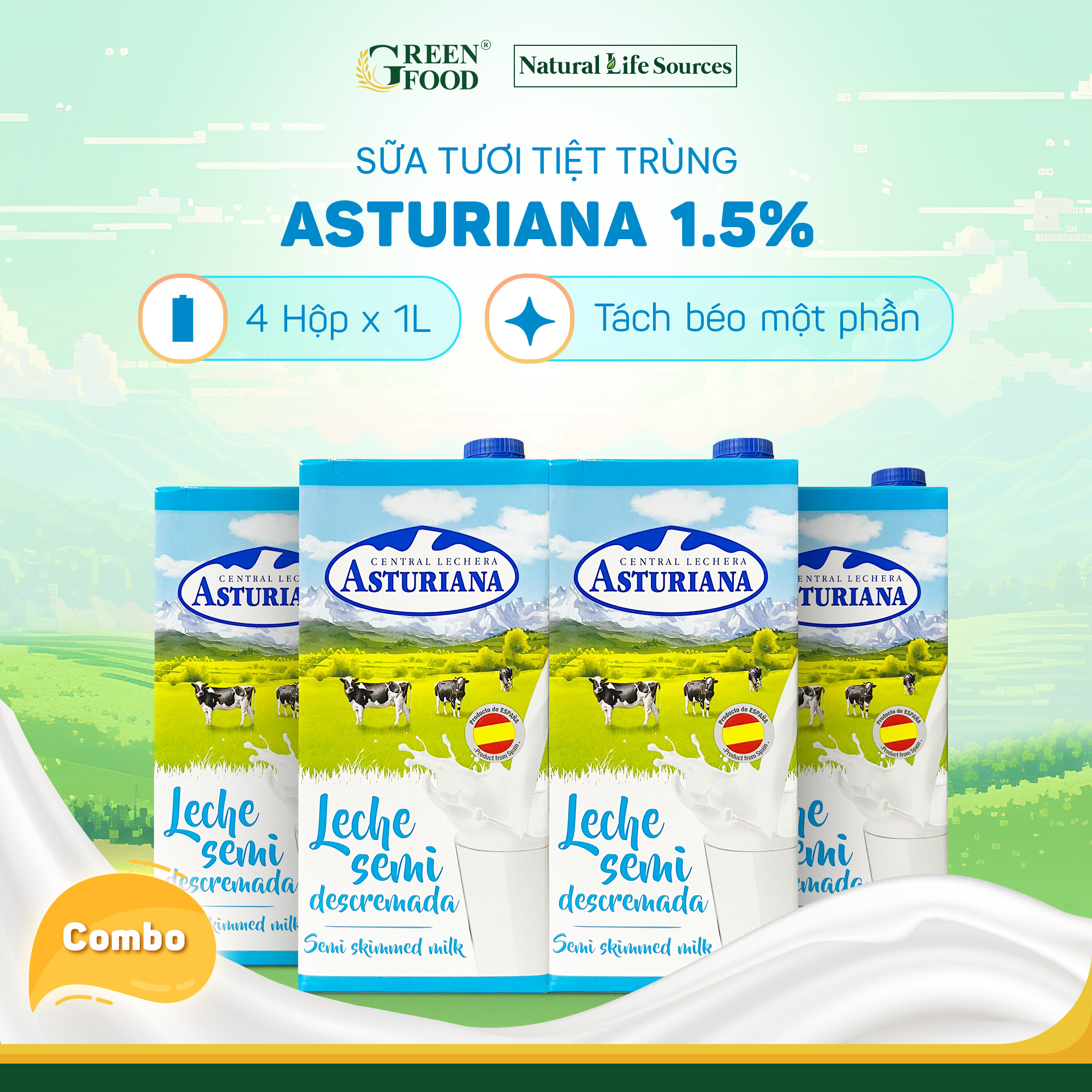 Combo 4 Hộp Sữa Tươi Tiệt Trùng ASTURIANA tách béo 1 phần 1L - Béo ít 1,5%, Không Đường Phù hợp Ăn Kiêng, Nhập khẩu từTây Ban Nha