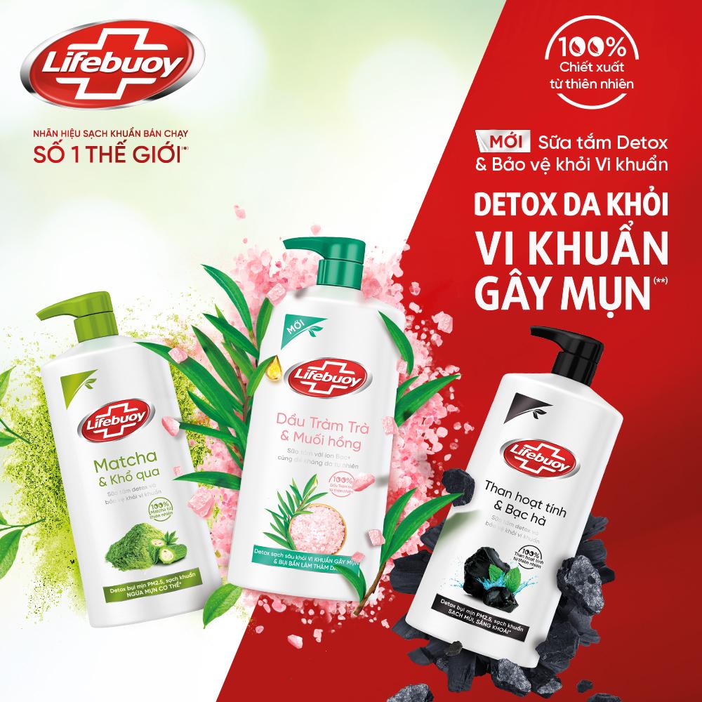 Sữa Tắm Lifebuoy Detox Và Sạch Sâu Khỏi Bụi Mịn Pm2.5 Và Vi Khuẩn Tràm Trà Muối Hồng 100% Từ Thiên Nhiên Chai 800G