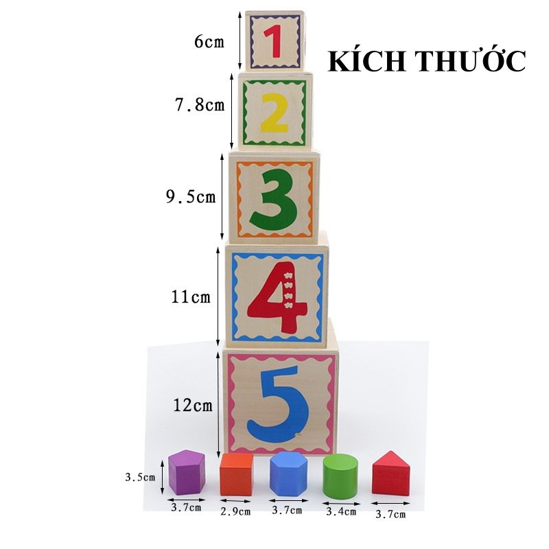 Đồ Chơi Gỗ Tháp Trí Lực 5 Tầng - Xếp Chồng - Thả Hình - Lồng Hộp