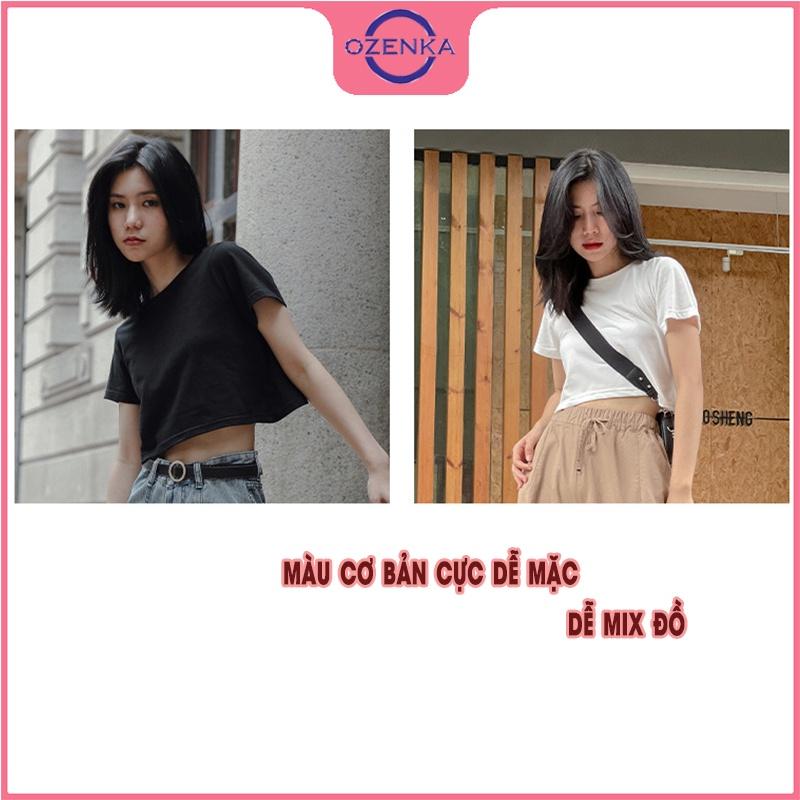 Áo croptop cộc tay lưng đắp chéo, áo crt hở lưng 2 lớp chất thun gân 100% cotton đen trắng size dưới 50kg