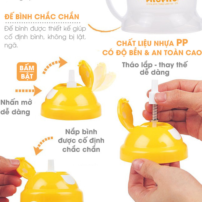 Bình tập uống Piyo Piyo có hai tay cầm nút bấm mở cho bé (8M+) 250ml - PY830312