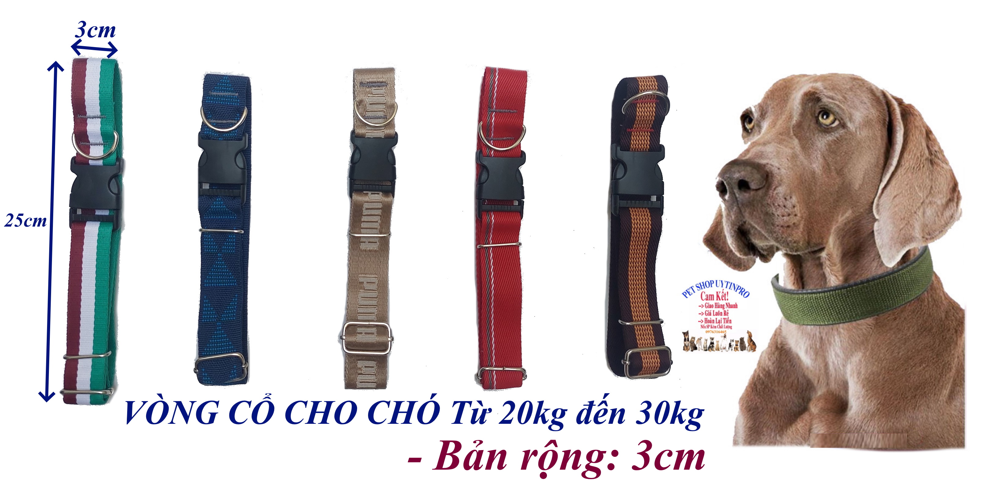 Vòng cổ cho Chó từ 20kg đến 30kg Bản rộng 3cm Chất liệu dù cao cấp, Dày, Chắc chắn, An toàn cho thú cưng