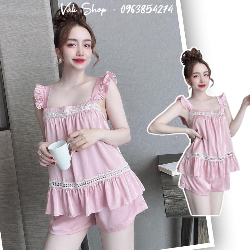 Đồ ngủ lụa latin cao cấp 2 dây cột nơ màu trơn quần phối ren freesize 40-57kg