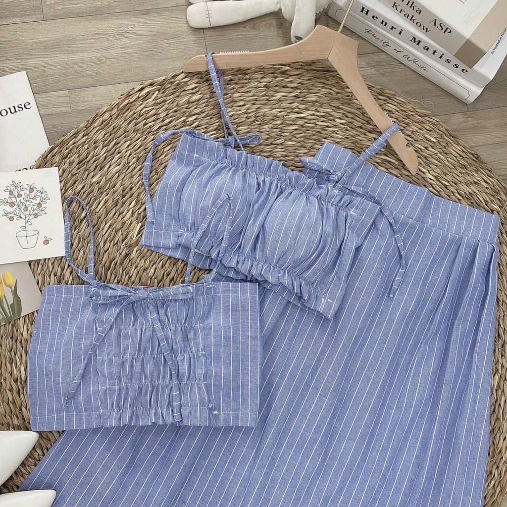 {Amanda} set váy 2 dây sọc xanh croptop lưng thun cúp ngực kèm chân váy chứ A siêu xinh