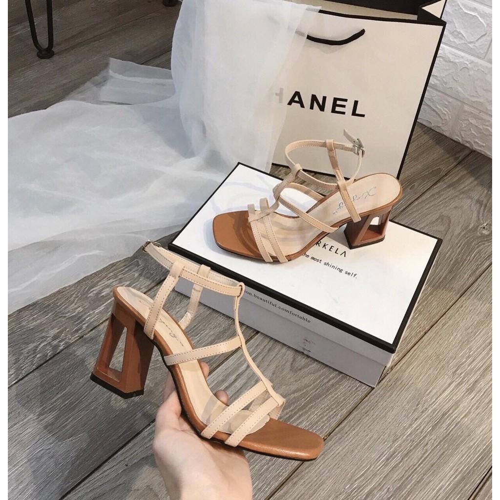 Giày cao gót nữ đế khoét lỗ cá tính, sandal giày cao gót nữ hở mũi chuẩn size 35-40 màu kem và đen gót cao 7p