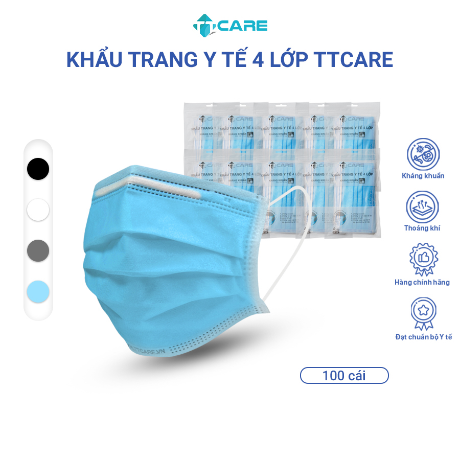 [COMBO 10 TÚI] Khẩu trang y tế 4 lớp TTCare khẩu trang cao cấp kháng khuẩn 99% chống bụi chuẩn Bộ Y Tế túi 10 cái