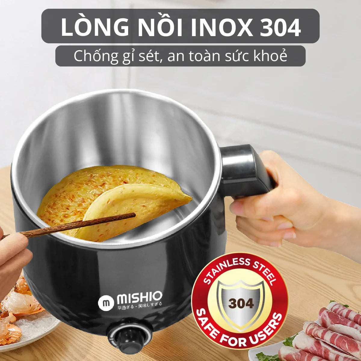 Bình đun inox304 nấu đa năng 1.5L Mishio - Hàng chính hãng
