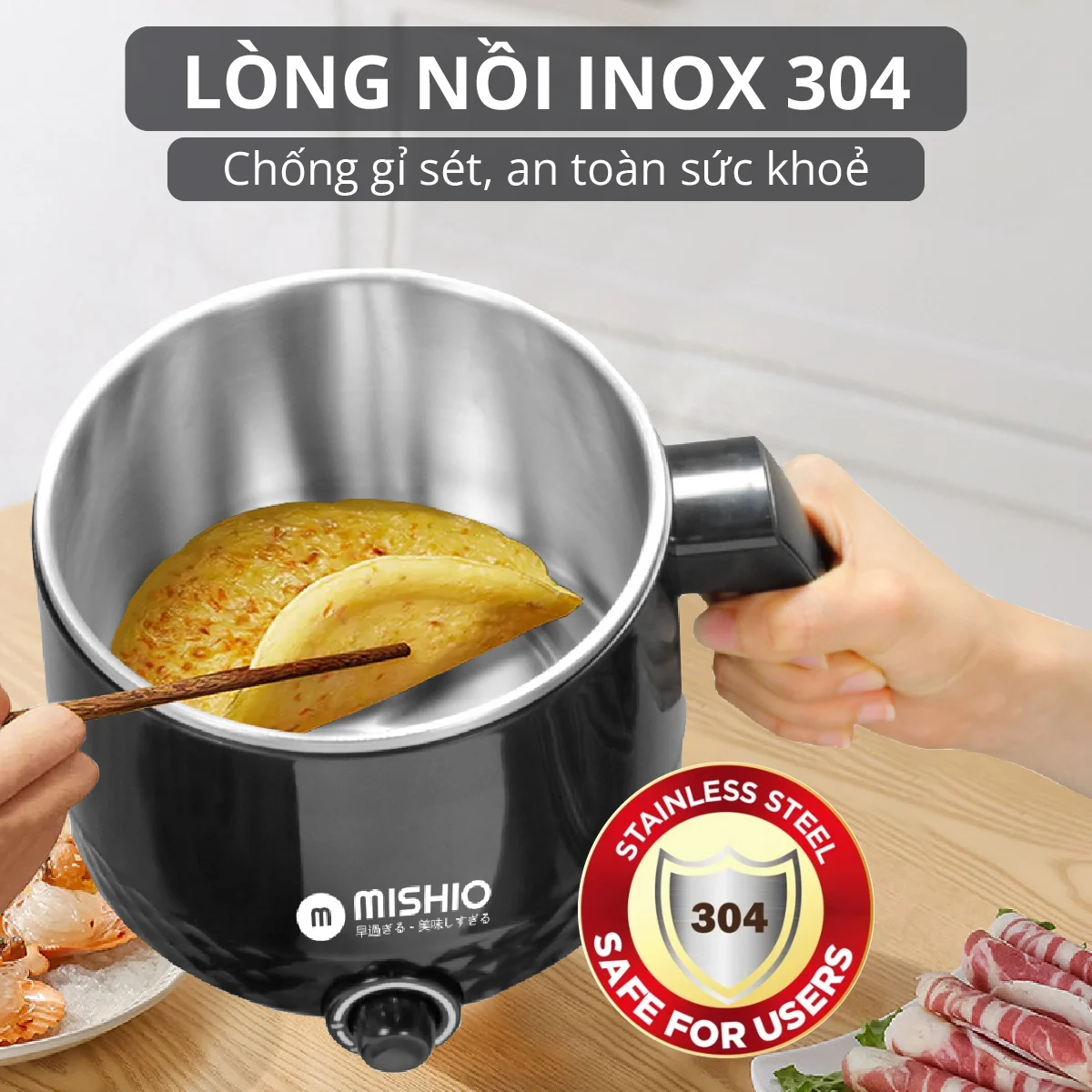 Ca nấu đa năng Mishio MK214 600W 1,5L inox 304, nấu nước, nấu mì, lẩu - Màu trắng xám - Hàng chính hãng