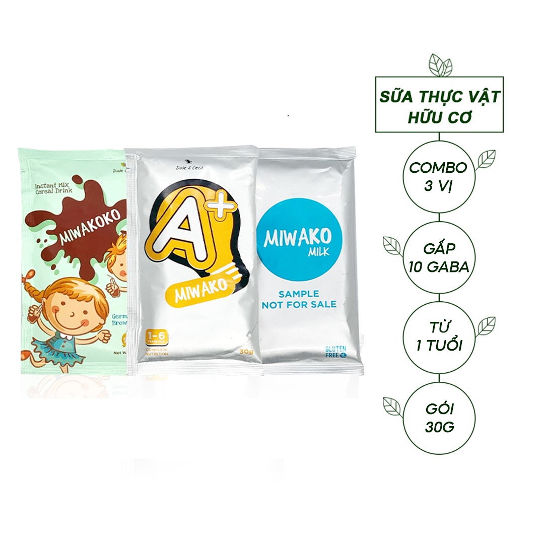 Combo Sữa Miwako A+ Vani, Miwako Gạo, Miwakoko socola Gói Dùng Thử 30g Sữa Hạt Cho Bé Từ 1 Tuổi Nhập Khẩu Malaysia Giúp Cải Thiện Ngôn Ngữ &amp; Hê Tiêu Hóa