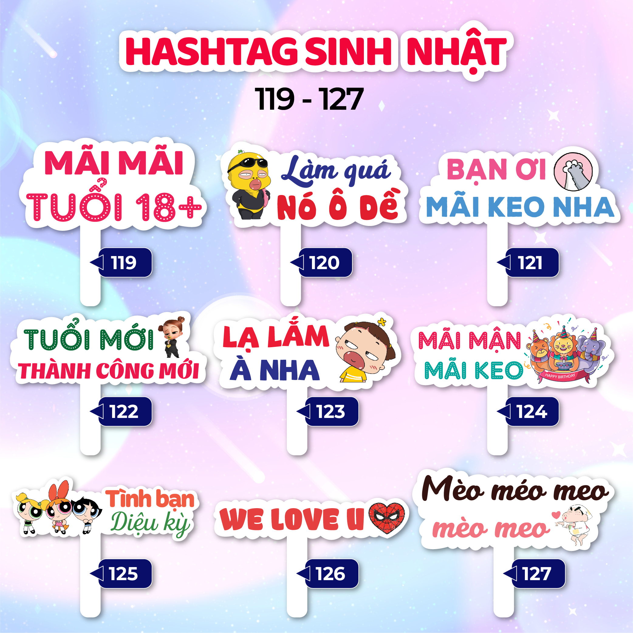 Mẫu hashtag cầm tay sinh nhật, Bảng hashtag chụp ảnh cưới, sinh nhật, sự kiện [MS 101 - 127