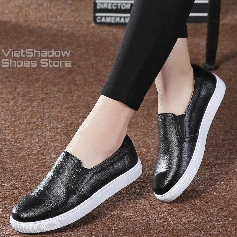 Slip on nữ da bò - Giày lười da nữ dáng classic - Chất liệu bò màu (đen) và (trắng) - Mã SP 301