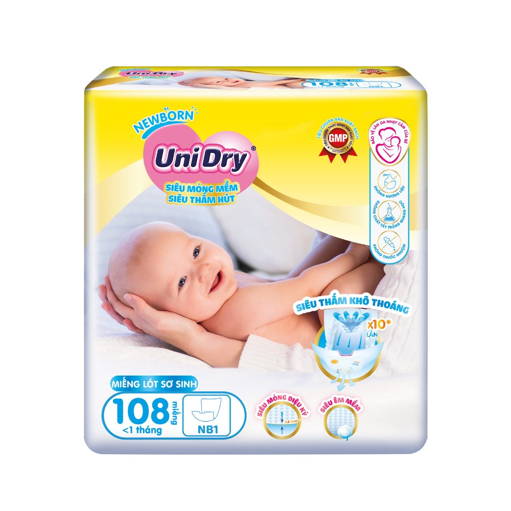 Miếng Lót sơ sinh UniDry Newborn Siêu Mỏng Mềm, Siêu Thấm Hút (NB1) -  108 miếng