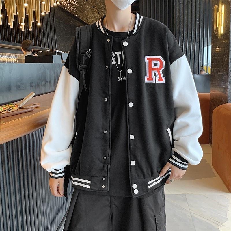 Áo bomber khoác chữ R chất nỉ cao cấp, áo khoác nỉ phối tay trắng, Áo Bomber Nam Nữ Áo Khoác Varsity Unisex Cúc Bấm Thêu Nổi Chữ R Chất Nỉ