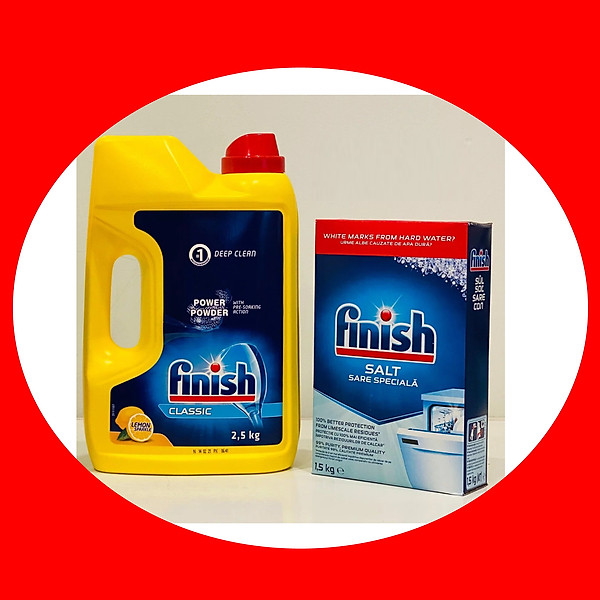 Combo Bột rửa bát Finish 2,5kg và muối làm mềm nước Finish 1.5kg nhập khẩu EU