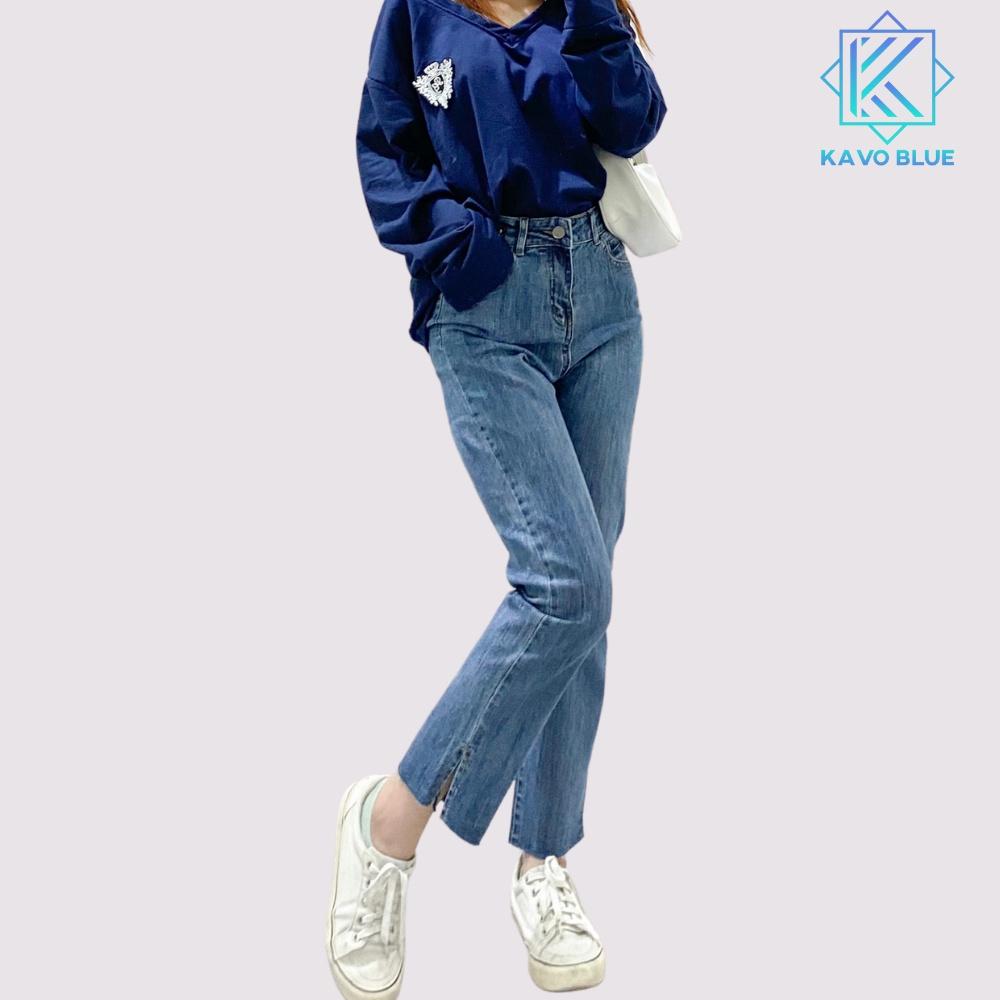 Quần Bò Nữ Ống Đứng KAVO BLUE Xẻ Gấu Cạp Cao Co Giãn 4 Chiều LY 511-05